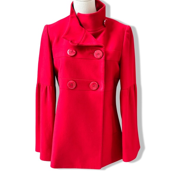 Women's Periphery Red Pea Coat with Dramatic Long Bell Sleeves in Size 6 - Picture 7 of 14